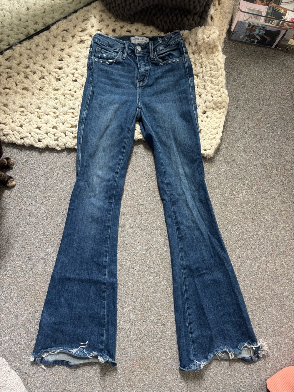 Flying Monkey Dark Blue Flare Jeans with Frayed Hem